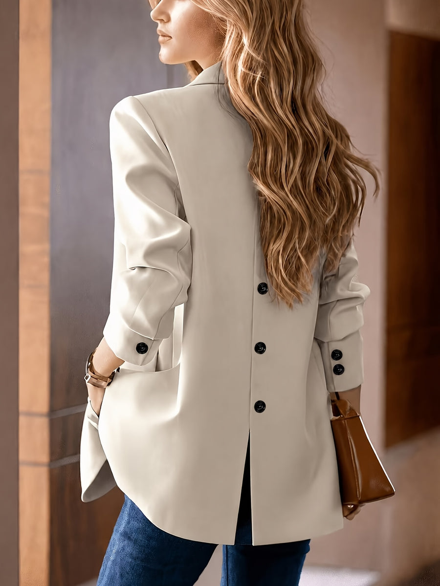 Fashionable Women's Elegant Blazer with Stylish Casual Back Center Slit Design, Solid Color Lapel, Single-Breasted Suit Jacket - Apricot