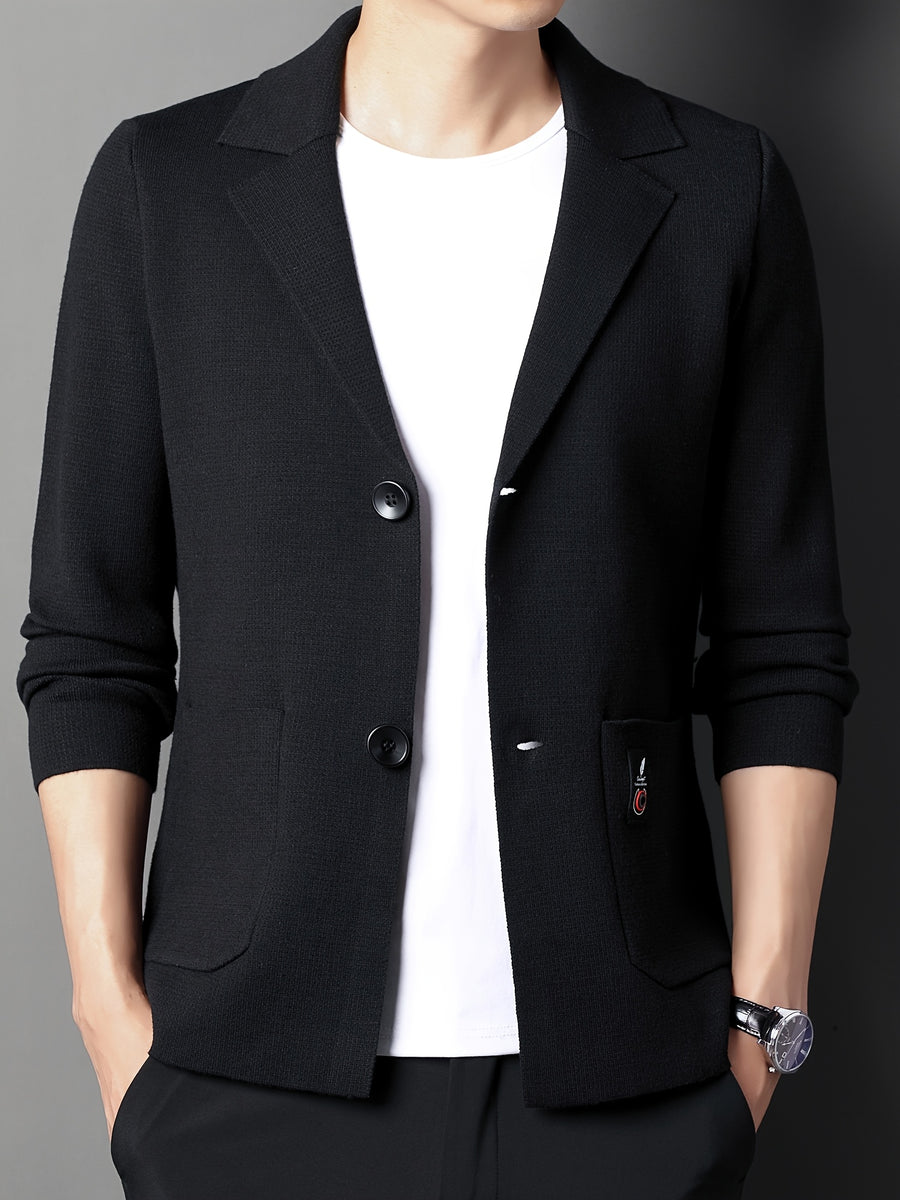 Du Jing Lan OBM New Spring/Summer Men's Knit Cardigan, Old Money Style Solid Color Suit Lapel Long Sleeve Open Front Knit Cardigan, Men's Business Casual Fashion Single-Breasted Ribbed Sweater Jacket with Side Pockets, Suitable for Layering - Black