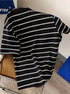 Men'S Trendy Casual Sports T-Shirt, Japanese Classic Black And White Striped Print Design, Fashionable Thin And Breathable Tee, Machine Washable Casual Short Sleeve Top - Mixed colors