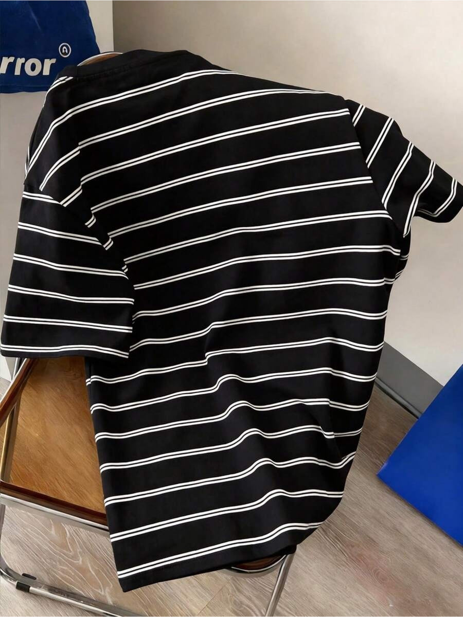 Men'S Trendy Casual Sports T-Shirt, Japanese Classic Black And White Striped Print Design, Fashionable Thin And Breathable Tee, Machine Washable Casual Short Sleeve Top - Mixed colors