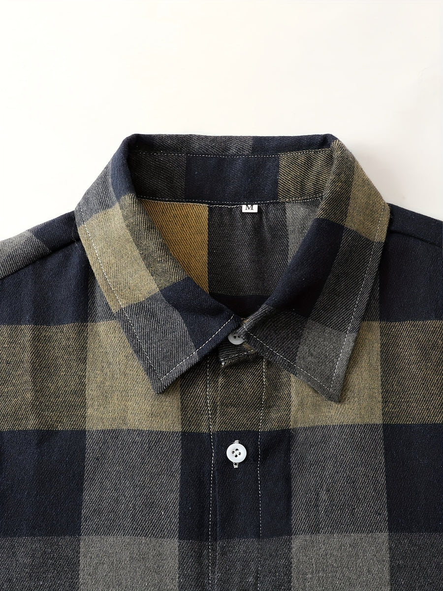 Home Men'S Autumn Single-Button Casual Checkered Shirt, Long Sleeve - Khaki