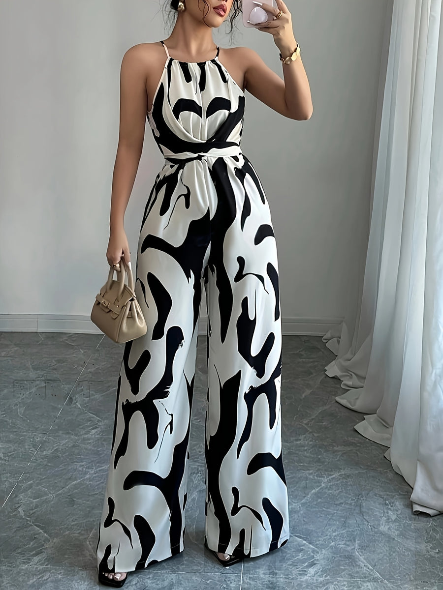 Women'S Printed Fabric Ruched Jumpsuit with Halter Neck, Elegant for Holiday And Everyday Wear - Black And White