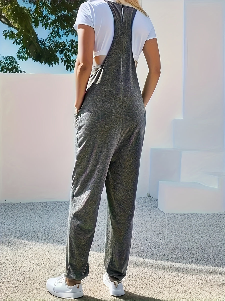 Women's Fashion Solid Color Loose Suspender V-Neck Jumpsuit - Grey