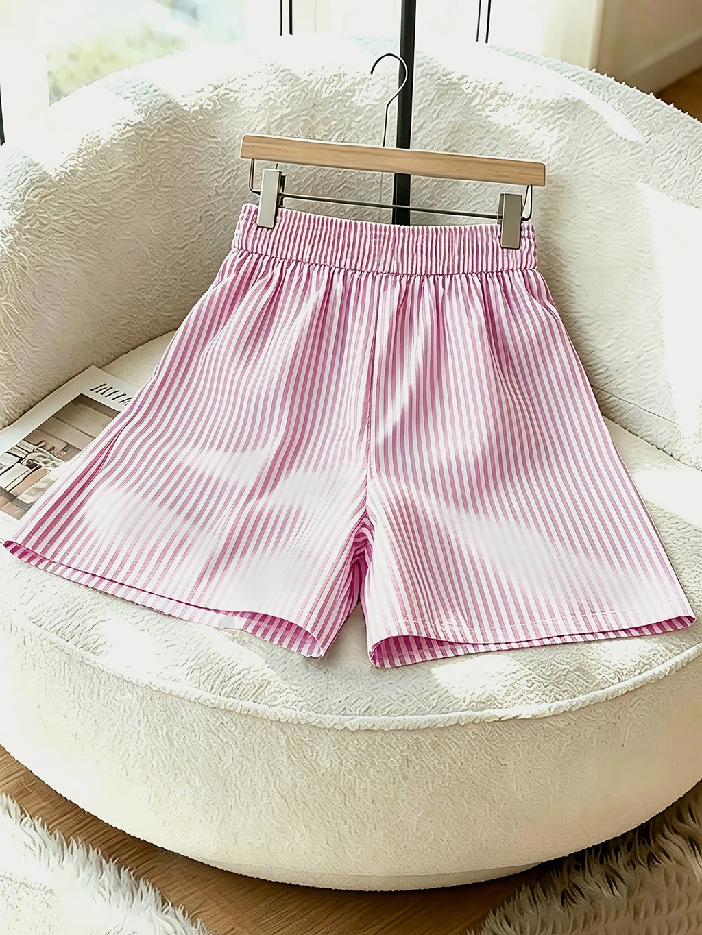 Women's Striped Button Pocket Shorts - Non-Stretch Casual Commuter Shorts with Button Closure Pockets, Striped Suitable for Spring Summer Fall, Machine Washable Shorts for Office, Casual Attire & Layering (No Elastic) - Pink Color