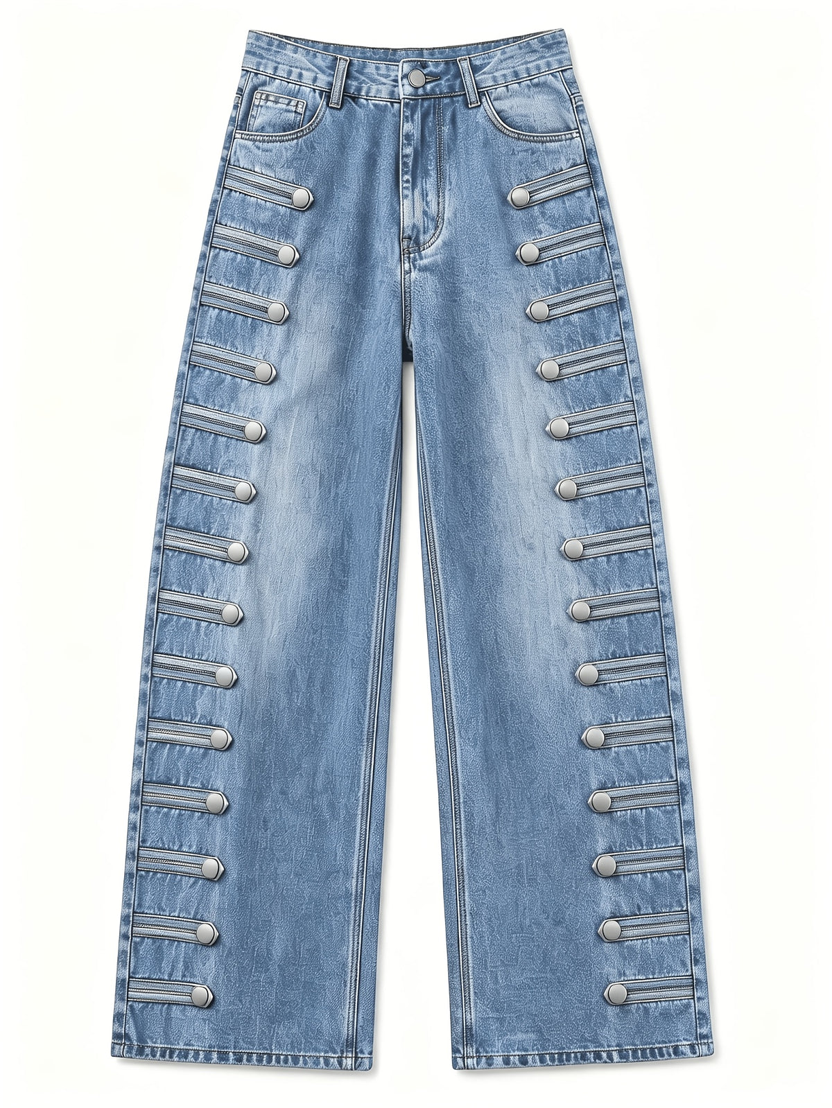 Women's High-waist Wide-leg Jeans, Side Multi-strap Buckle Denim Trousers, Casual Street Pants for Weekend Outings and Parties - Blue