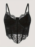 European Style Sexy Floral Lace Diamond Fishbone See-Through Women'S Corset Top - Black