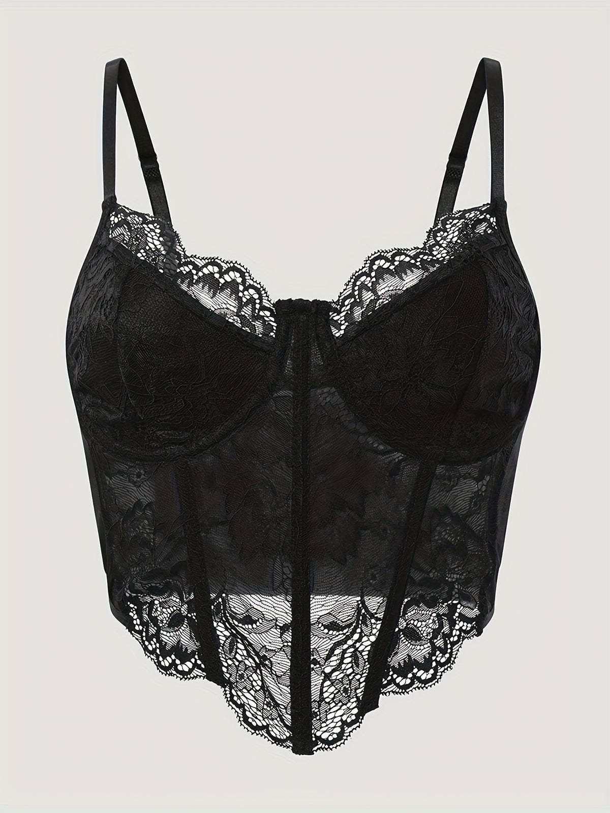 European Style Sexy Floral Lace Diamond Fishbone See-Through Women'S Corset Top - Black