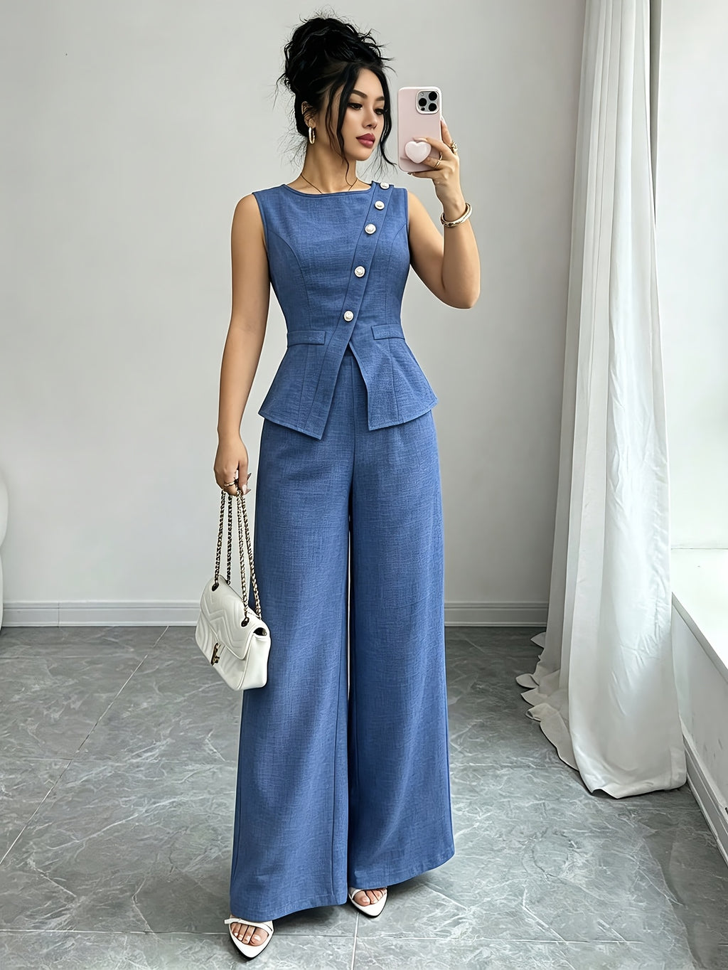 2pcs Set, 1pc Elegant Summer Women'S Two-Piece Outfit, Suitable for Party Wear, Featuring Round Neck Design, Pearl Buttons, Visible Waistline, And Vest And Pants with Slit And Fake Pockets - Royal Blue