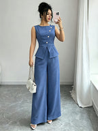 2pcs Set, 1pc Elegant Summer Women'S Two-Piece Outfit, Suitable for Party Wear, Featuring Round Neck Design, Pearl Buttons, Visible Waistline, And Vest And Pants with Slit And Fake Pockets - Royal Blue