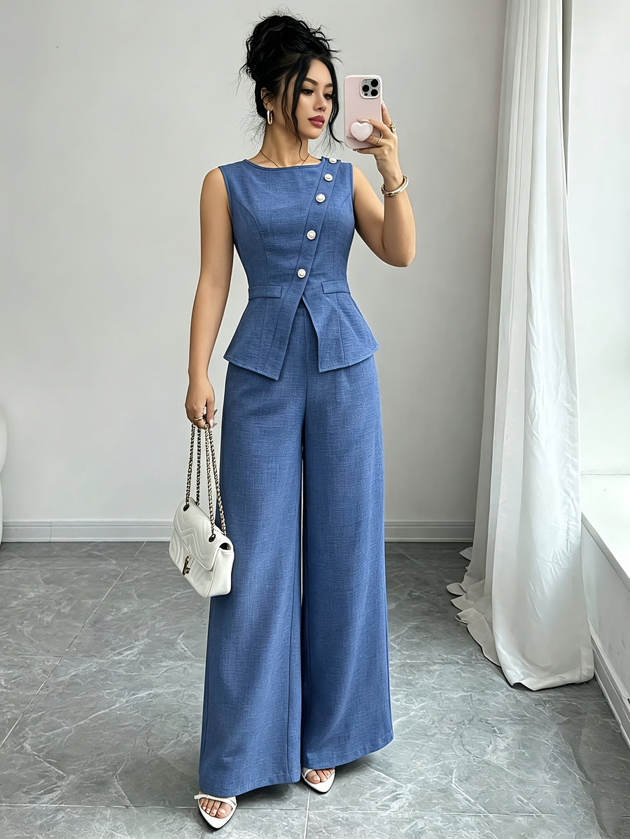 2pcs Set, 1pc Elegant Summer Women'S Two-Piece Outfit, Suitable for Party Wear, Featuring Round Neck Design, Pearl Buttons, Visible Waistline, And Vest And Pants with Slit And Fake Pockets - Royal Blue