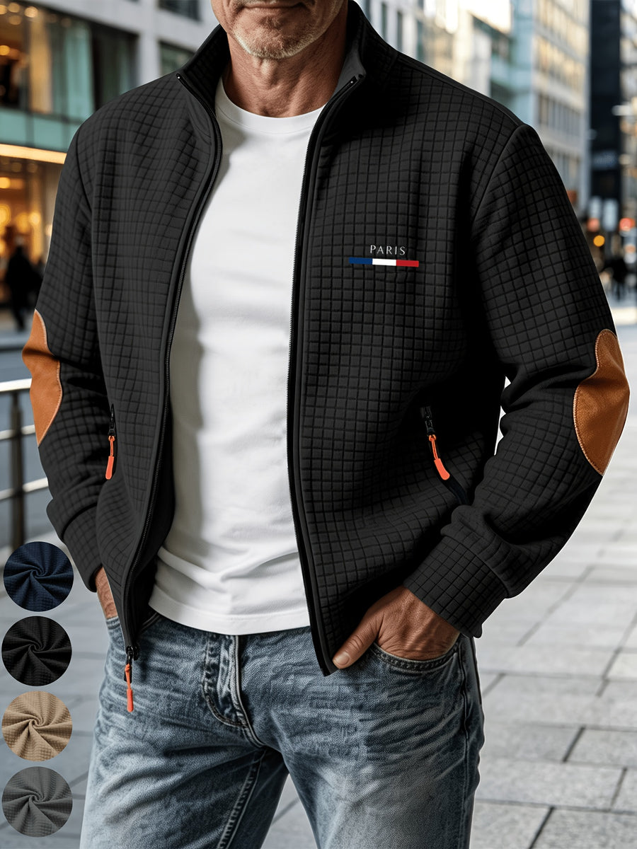 [Pearson OBM] Men'S Autumn Winter Sports Short Collar Jacket, Classic Print Design, Zippered Pockets Fashionable Small Plaid Textured Fabric, Elbow Classic Color-Block Casual Coat, Spring Autumn Versatile Zippered Cardigan Top, Suitable for Gifting - pa black