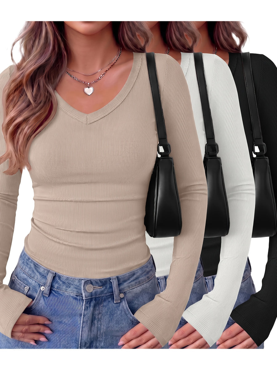 Women'S Fashion Ribbed Top 3pcs Set, Slim Fit Basic Shirt, Comfortable V-Neck Long Sleeve Body Suit, Top - Multicolor