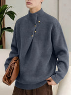 Men's Half-Turtleneck Sweater, Vintage Loose Drop-Shoulder Fit, Old Money Style Simple Casual Design, Autumn/Winter Warm Cable Knit Fabric, Skin-Friendly and Soft, Diagonal Placket with Button Row, Versatile Men's Knit Top, Men's Long-Sleeve Pullover - Dark Gray