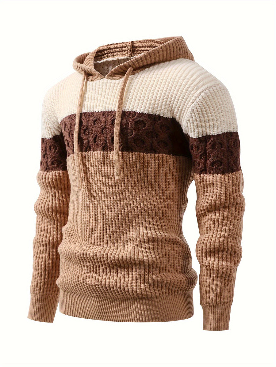 Temujin OBM Men's Knitted Hooded Color-Block Jacquard Top - Khaki