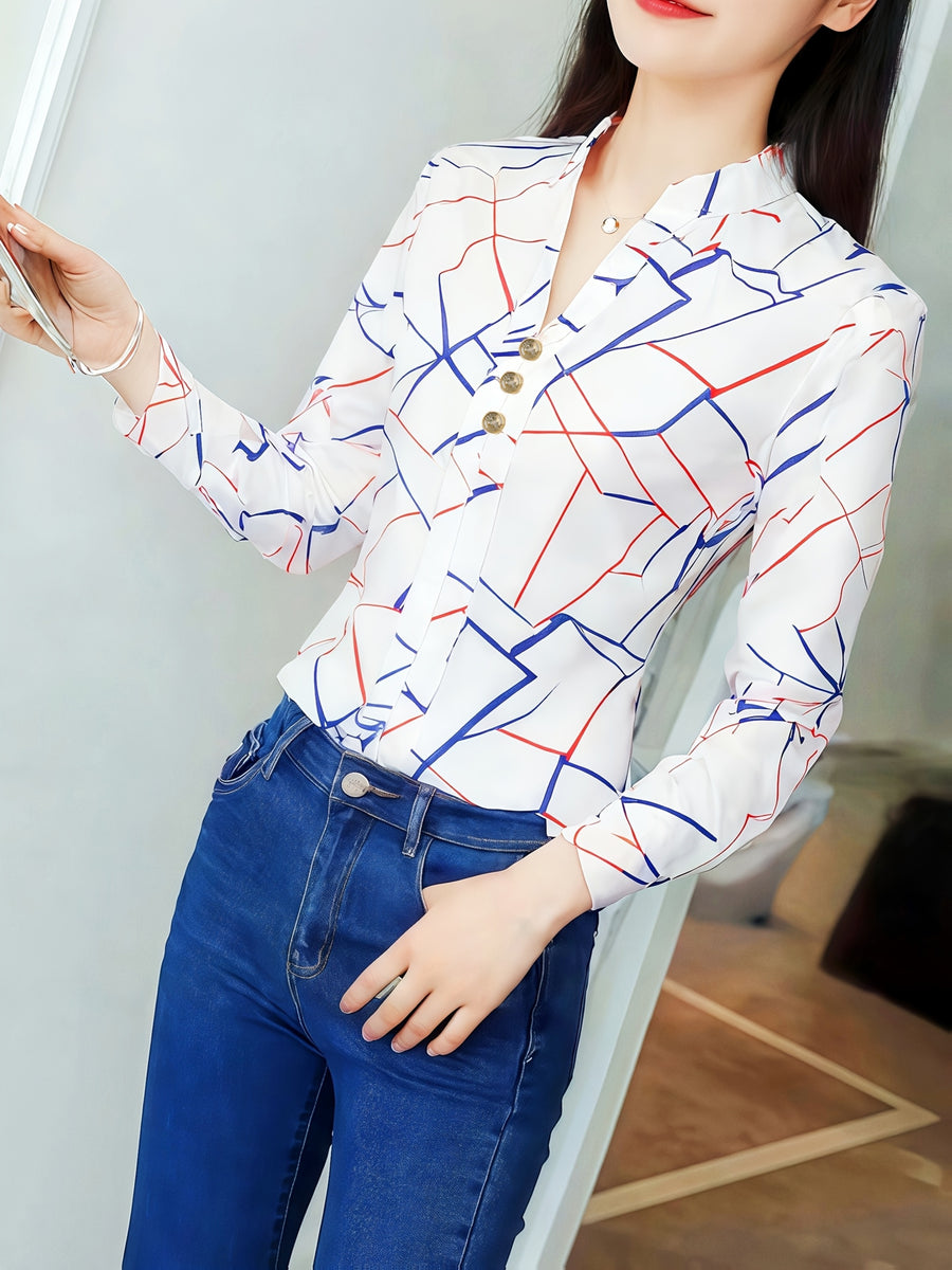 An Elegant Long-Sleeve Shirt for Women Featuring a Striped Print, a Small Stand Collar, And Exquisite Buttons, Perfect for Commuting And Daily Outings in Spring And Summer. A Beautiful Women'S Shirt, Summer Top, Long-Sleeve V-Neck, Stylish Blouse - Stripes