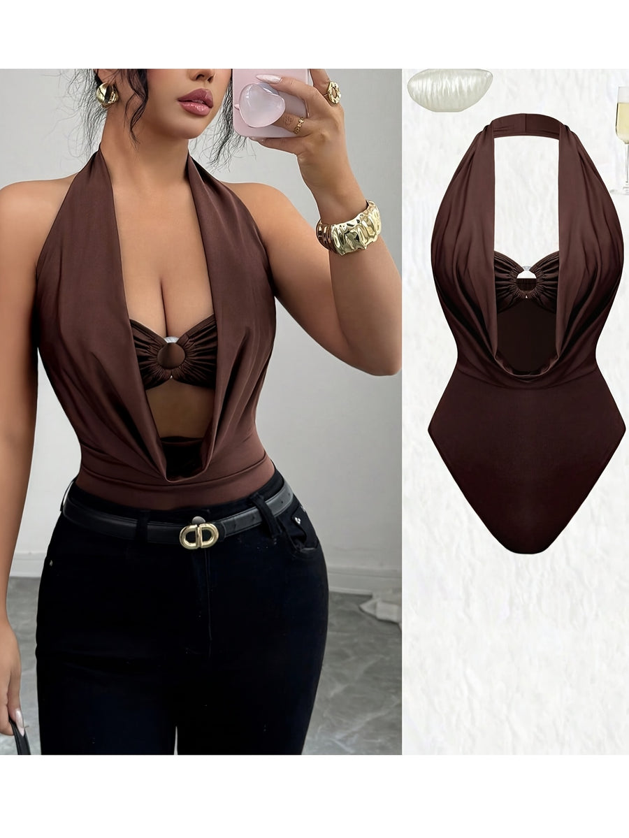 New Women's Solid Color Fashionable Summer Halter Neck Hollowed-out Bodysuit, Sexy Backless Tight-fitting Bodysuit, Slim Fit Bodysuit - 【Brown】