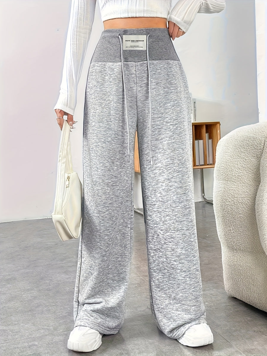 High-waisted Ribbed Waistband Wide-leg Pants with Contrast Drawstring and Label, No Pockets, Solid Color, Versatile for Daily Commuting in Spring, Summer, and Autumn. Lightweight and Easy to Wear, a Fashionable Choice - Silvery Grey