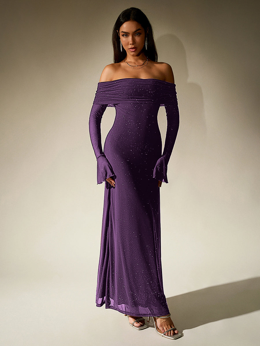 PARTHEA NewAsia Women's Bell Sleeve Off Shoulder Sequin Long Dress Backless Double Layer Club Party Sparkling Mesh Maxi Dresses Brown - Purple