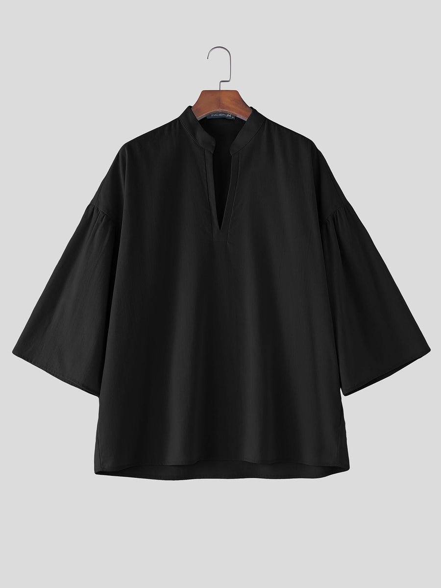 Men Casual Tops Solid 3/4 Sleeve Stand Collar V Neck Solid Loose Fit Outdoor Street Casual Shirt - Black