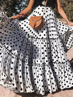 Women's Elegant Special Line High-Waisted Maxi Skirt with Dot Print & Pleated - Full-Length Loose -Line Skirt, Machine Washable for Weddings, Parties, - Year-Round Wear (Non-Stretch) - White