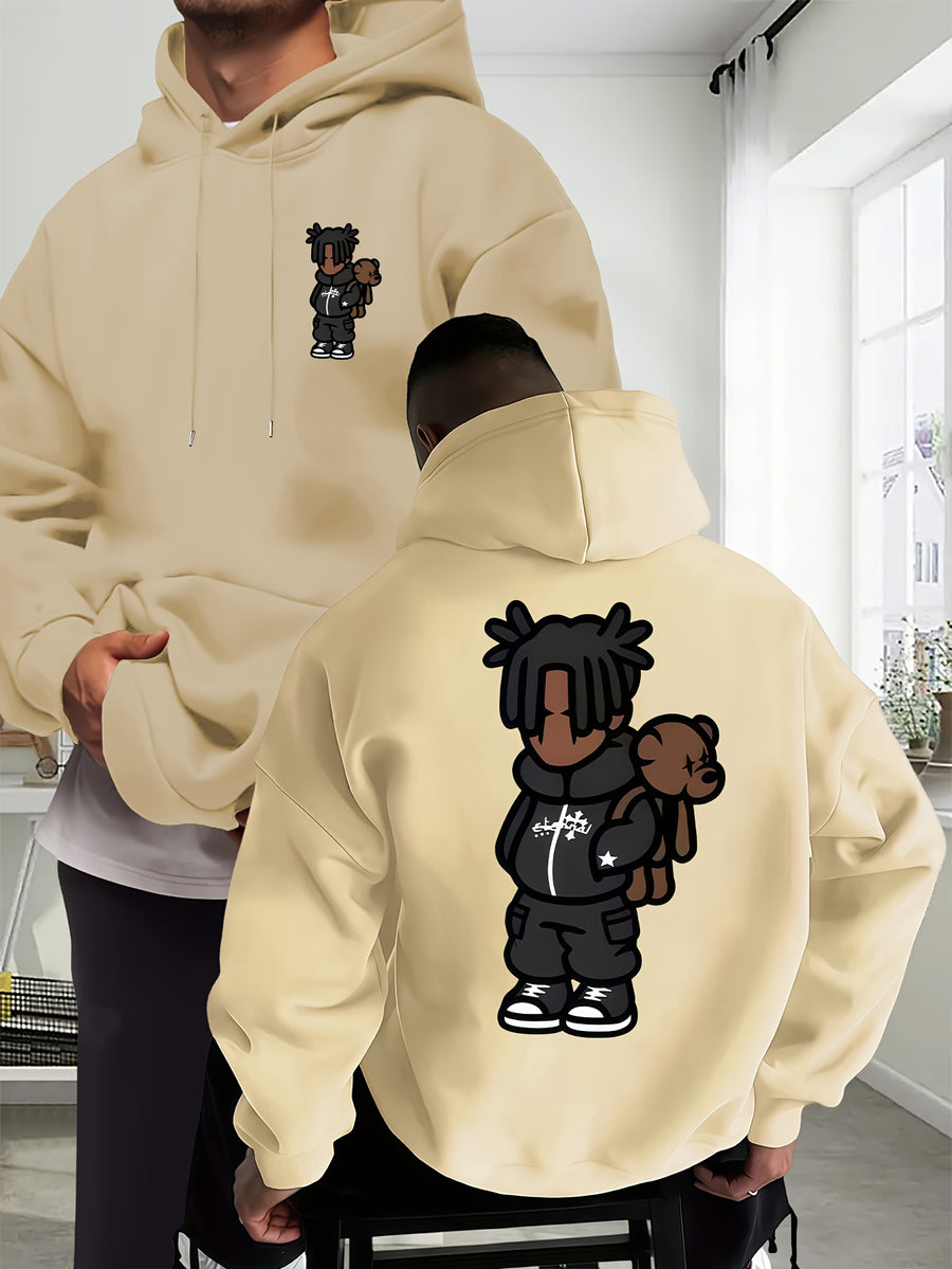 Cartoon Men's New Trendy Autumn Winter Hoodie, Casual Daily Drawstring Hooded Sweatshirt with Creative Design Print, Front Kangaroo Pocket, Unisex Top - Apricot
