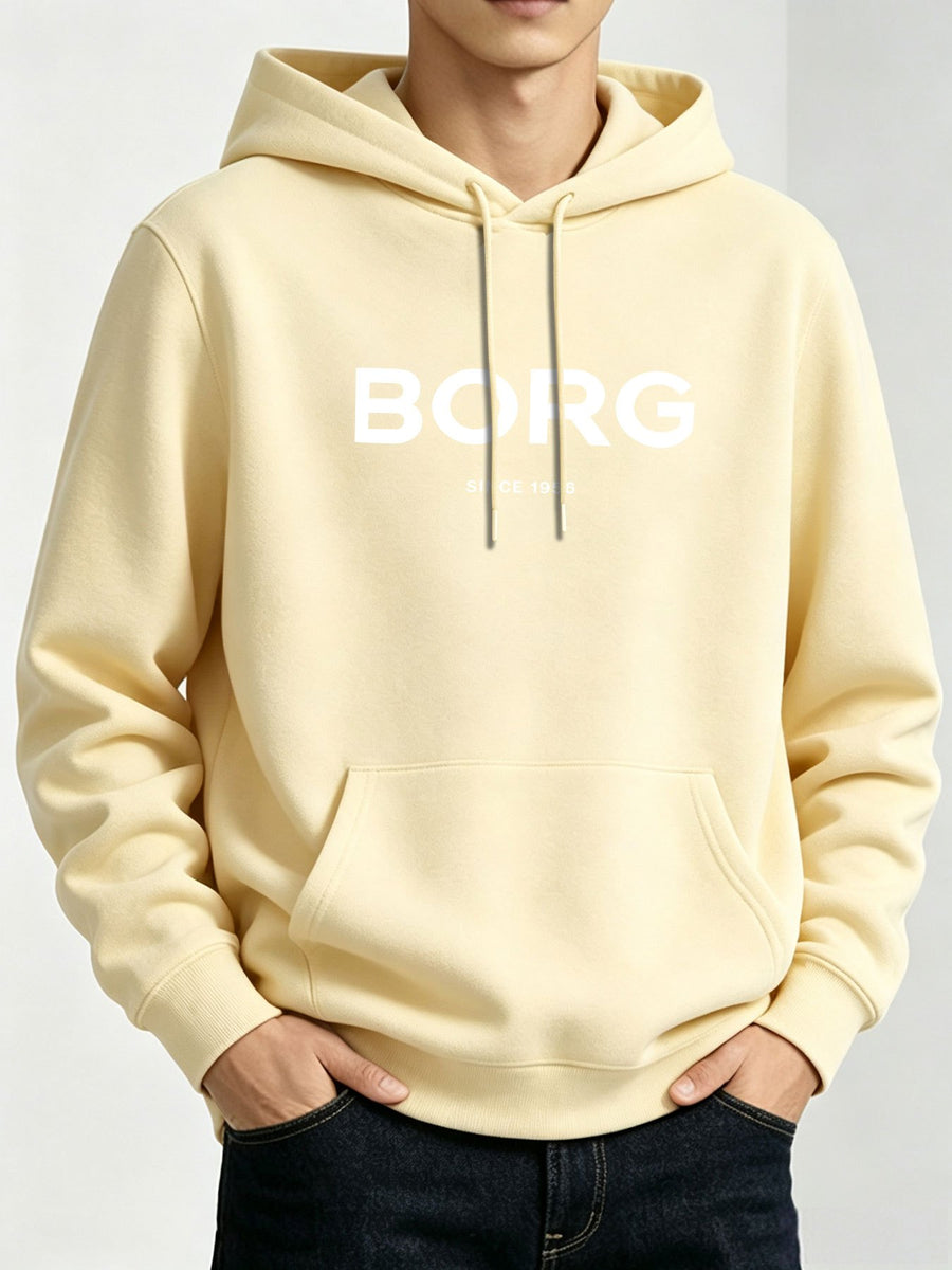 Minimalist BORG Since 1896 Letter Hooded Sweatshirt, Men's Trendy Versatile Drop-Shoulder Long-Sleeve Pullover - Apricot