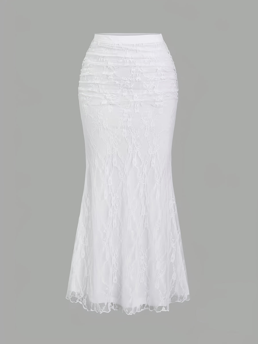 New Women'S Lace Mesh Fishtail Skirt, Temperament Elegant Half-Length Skirt - White