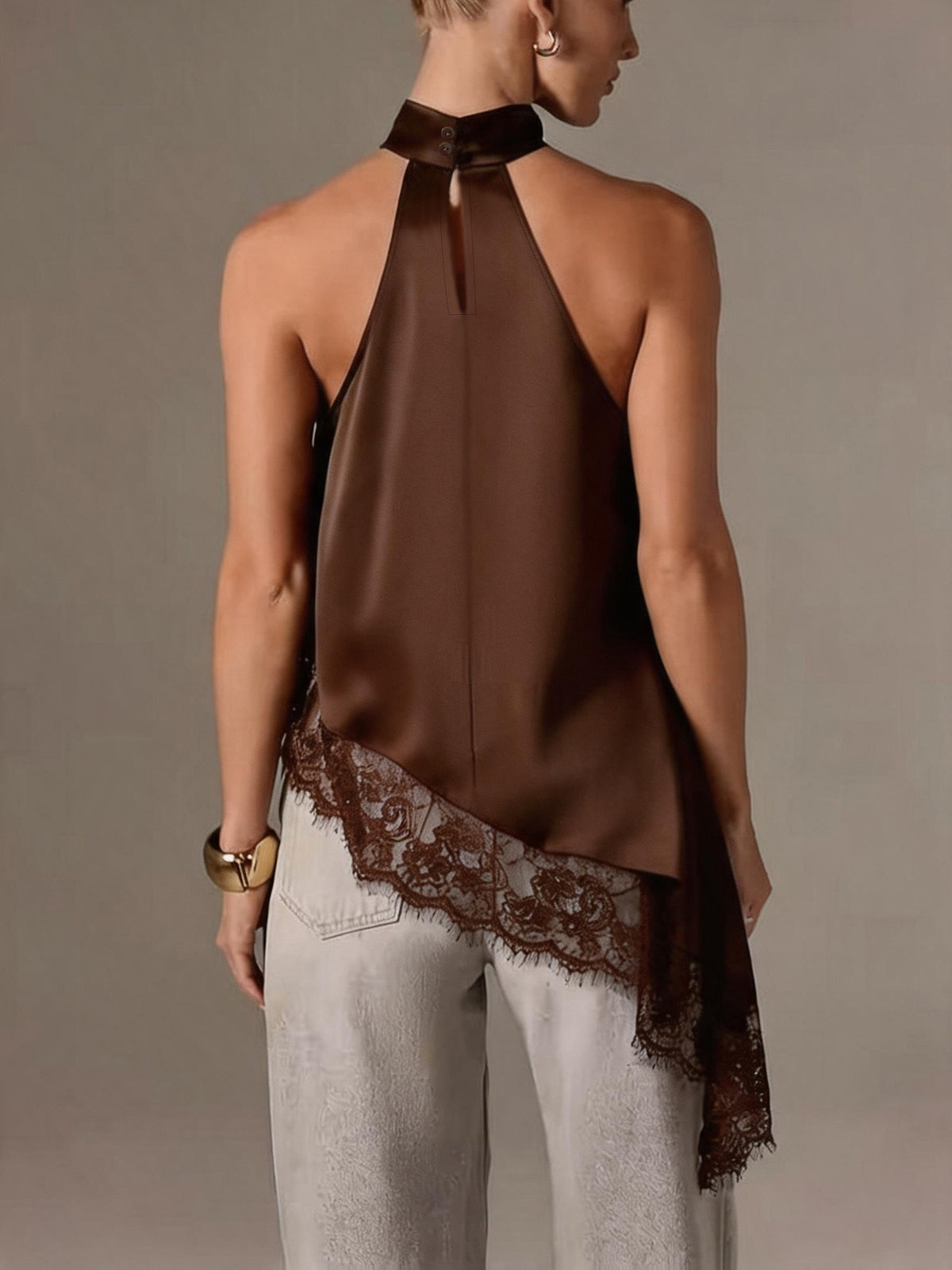 Directional Style Irregular Patchwork Lace Neckline Halter Elegant Temperament Top Halter Vest - Brown
