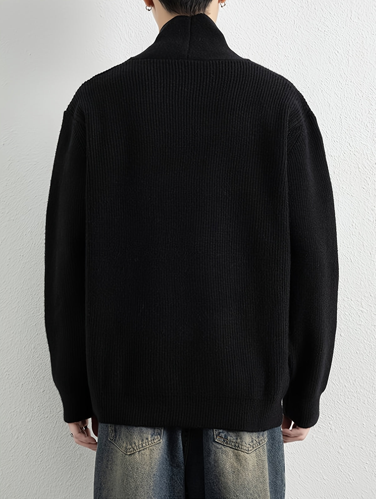 1pc Men'S Pit-Stripe Knit Cardigan, Irregular Diagonal Button V-Neck Design Loose Casual Fall Winter Off-Shoulder Fit Daily Commute Outerwear Sweater Jacket - Black
