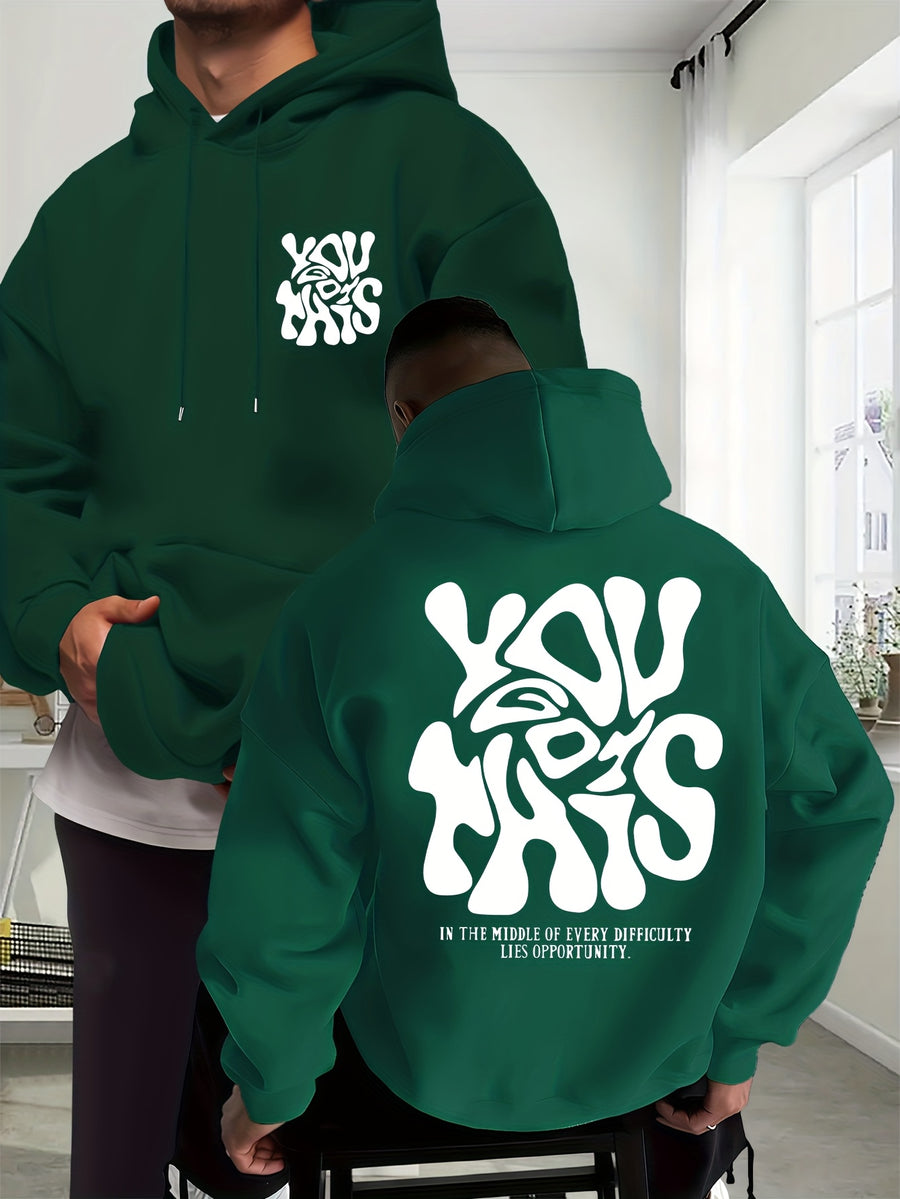Men's New Trendy Autumn Winter Hoodie, Casual Daily Drawstring Creative Design Printed Sweatshirt with Front Kangaroo Pocket Unisex Top - Dark Green