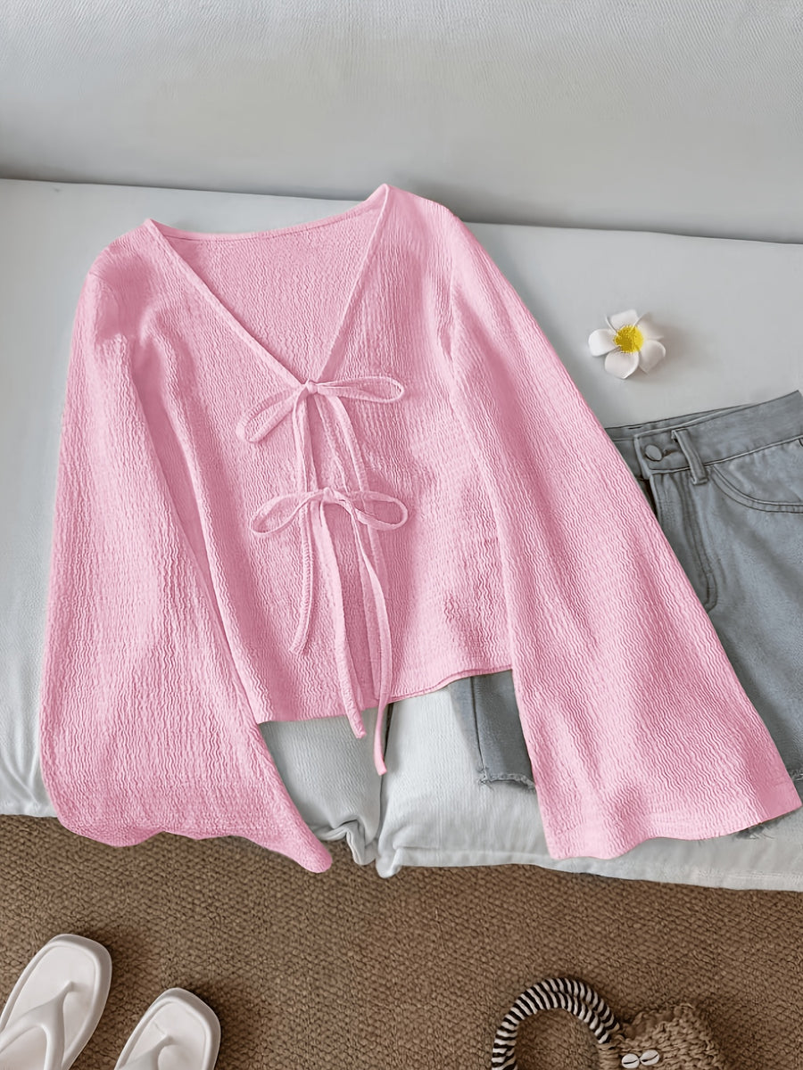 Solid Color Front-Tie Bow Open-Front Fashion Flared Sleeve Blouse New Women'S Short Top - Pink Color