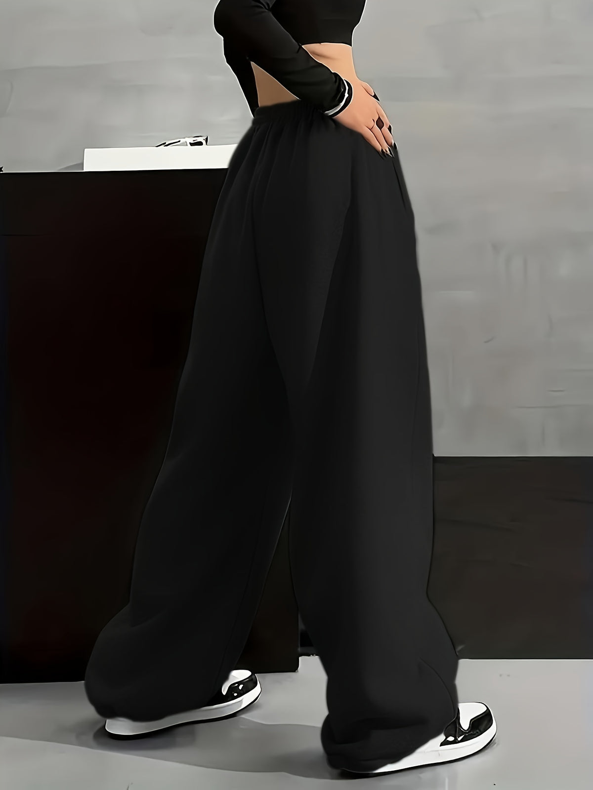 Autumn And Winter Fashion Casual Women'S Fleece-Lined Trousers, Solid Color Drawstring Waist Trousers, Casual Loose-Fitting Sweatpants, Women'S Fashion - Black