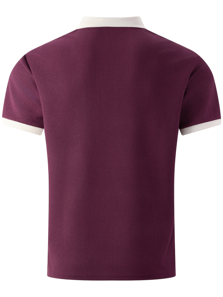 High-quality Men's Design Zippered Short-sleeved Polo Shirt, Contrasting Color Collar Design, Soft Fabric, Comfortable Experience, Versatile and Trendy Style, Suitable for Various Occasions Such as Traveling, Shopping, Casual Walking, Etc. - Red
