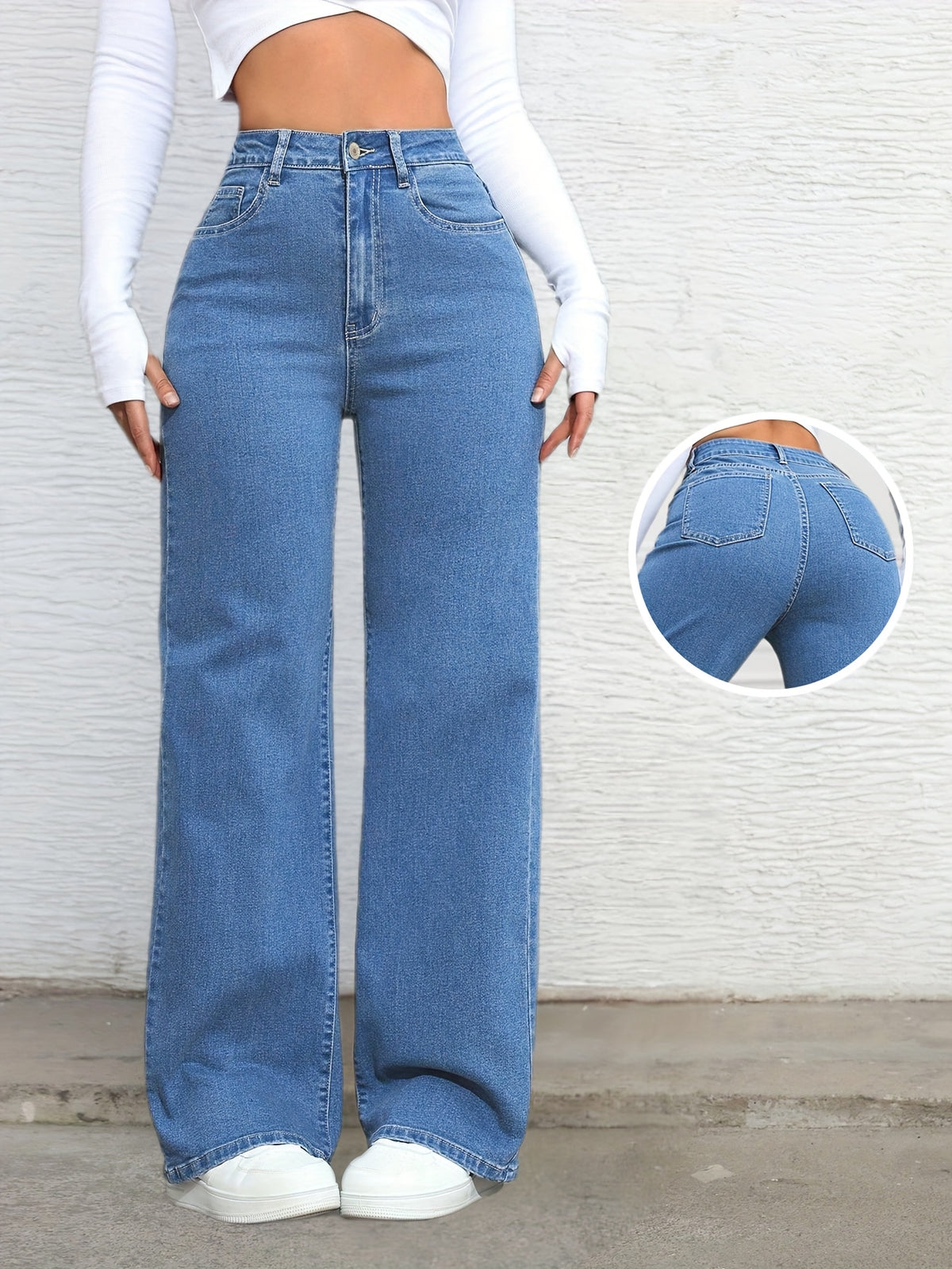 Blue Trendy Women'S Stretch Loose Jeans Wide-Leg Pants - Blue