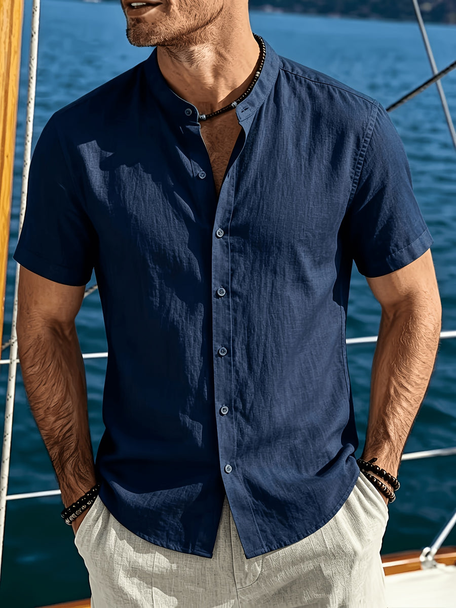Men'S Summer Stand Collar Short Sleeve Shirt, Lightweight And Breathable Button-Up Top, Loose Casual Shirt for Beach Vacation, Solid Color Mandarin Collar Daily Outfit, Ideal for Holidays, Pool Parties, And Yacht Trips (Shirt solely) - Navy Color