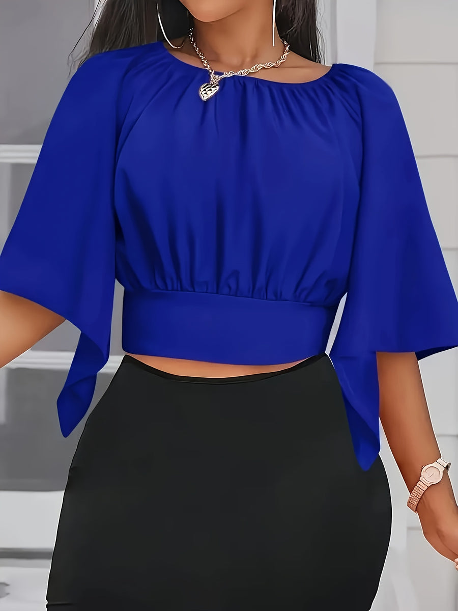 Tie Back Ruched Blouse, Elegant Solid Color Blouse For Spring & Summer, Women's Clothing - Blue