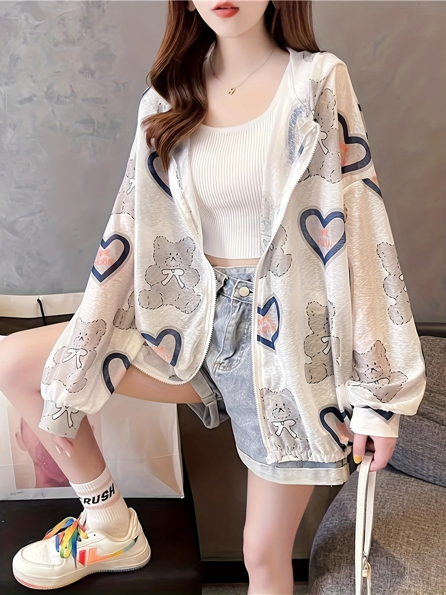 New Sunscreen Clothes for Women in Summer Loose Thin Cardigan Fashionable Long Sleeve Cool Breathable Hooded Mid-length Zipper Jacket - Multicolor