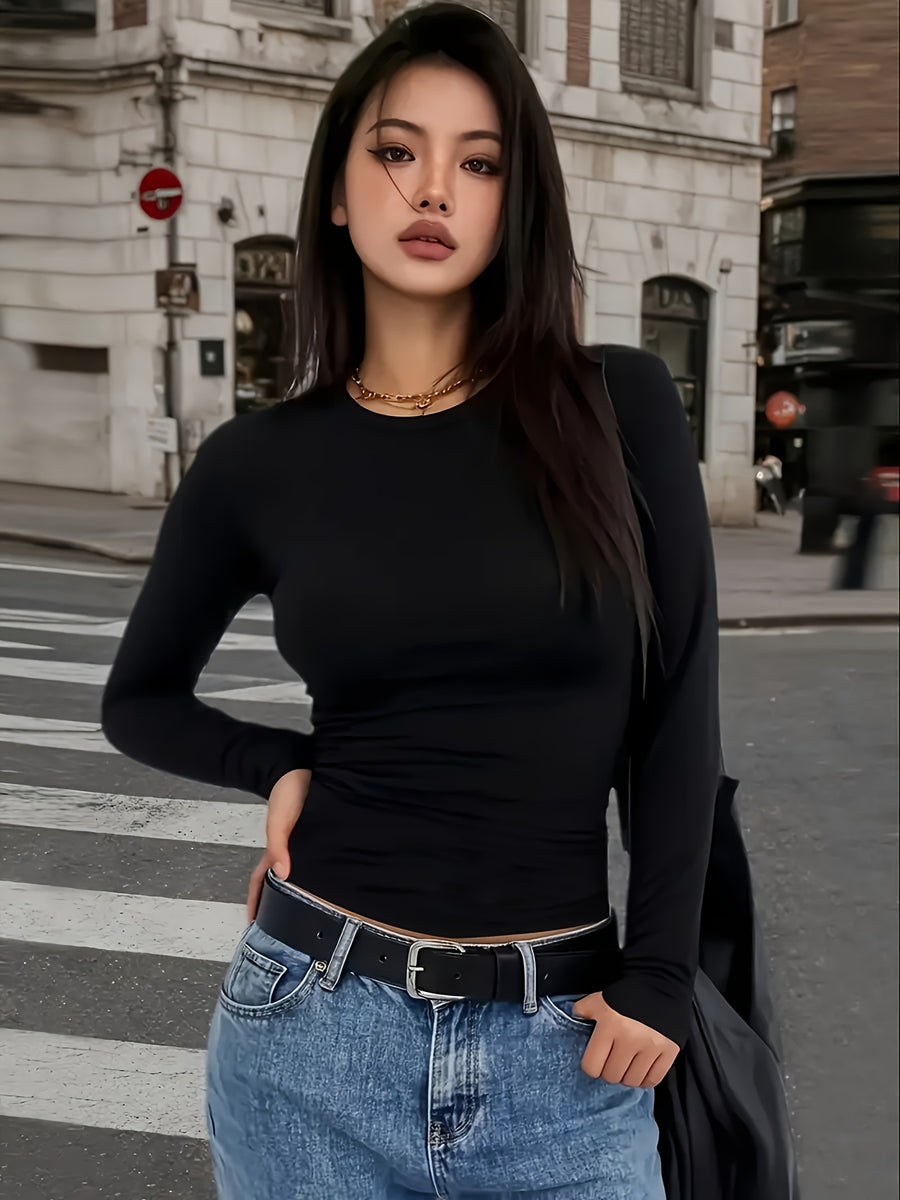 Women's Elegant Slim-Fit Solid Color Long Sleeve T-Shirt - Round Neck Blouse, Medium-Stretch Smooth Fabric, All-Season Versatile Top for Casual & Professional Wear, Machine Washable Shirt - Black