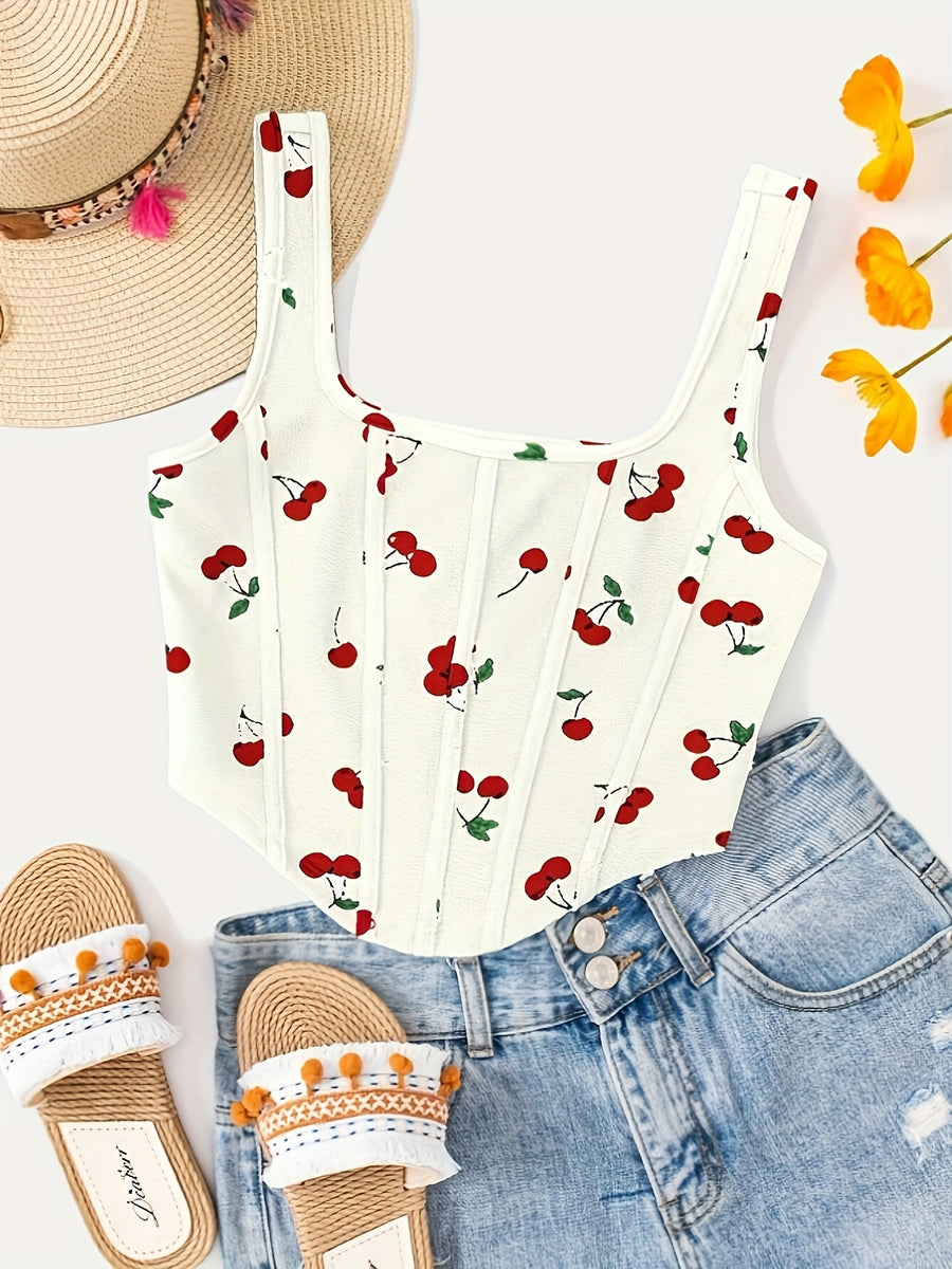Fashion Cherry Print Cami Bodycon Short Vest Statement Backless Women'S Outerwear - Milky