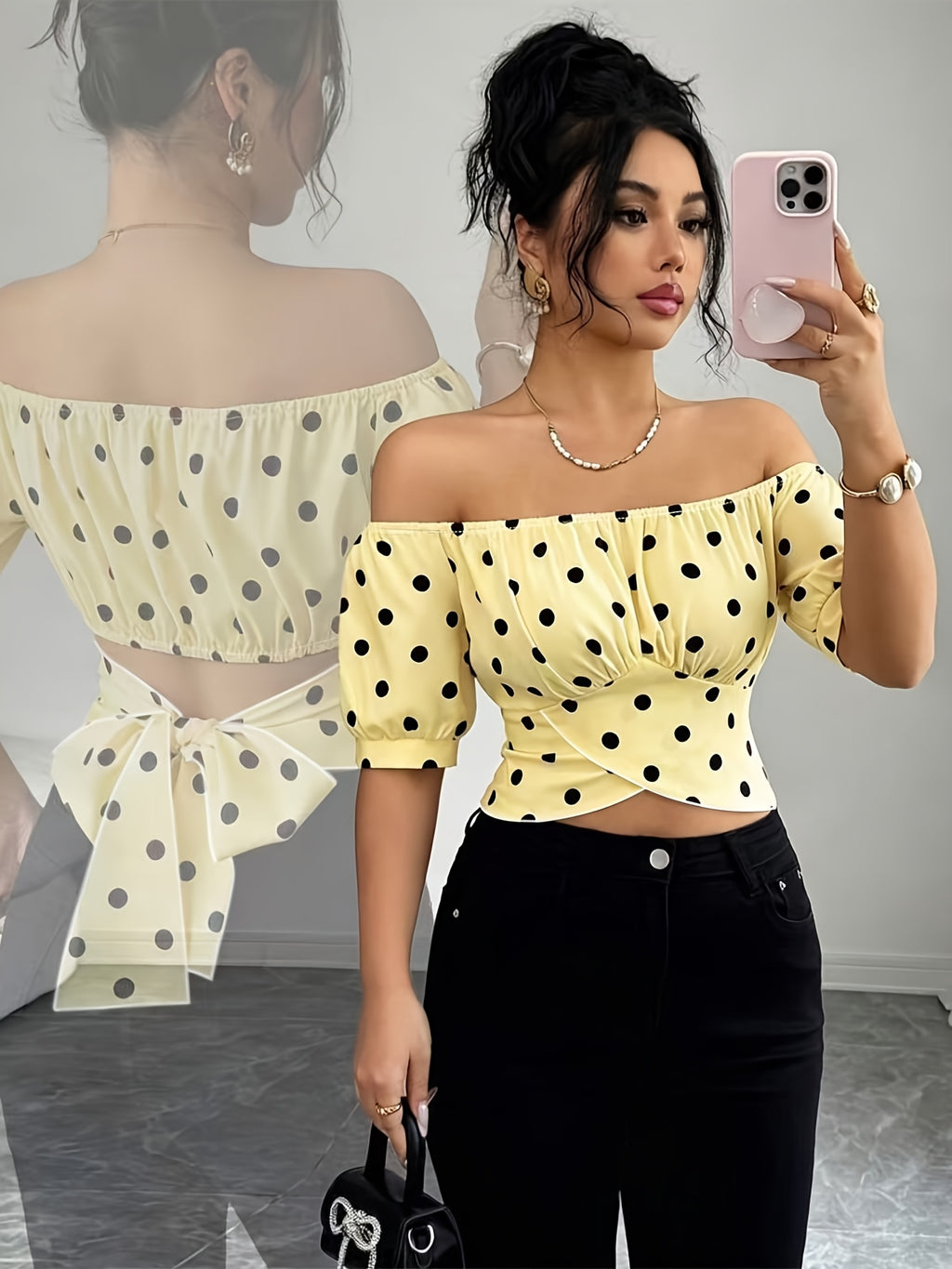 Women's Elegant Polka Dot Bow-tie Off-shoulder Cropped Top, Suitable for Outings, Parties, and Daily Wear, Ideal for Spring and Summer Seasons - Mixed colors