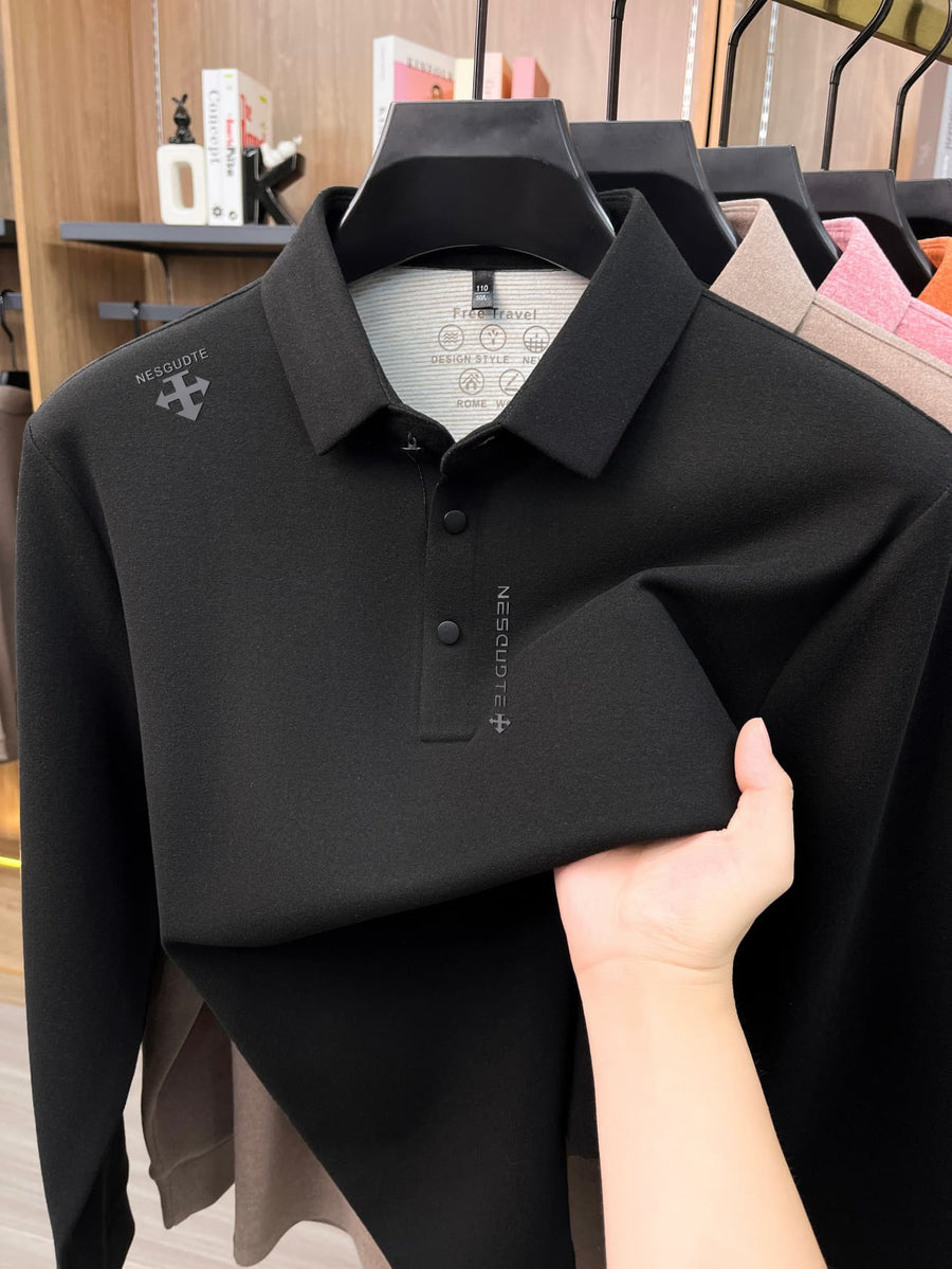 Men's Lapel Long Sleeve Polo Shirt Thickened Warm Top Autumn Winter Business Casual Layering Apparel for Middle Aged Dad Versatile Daily Outfit Suitable for Golf Fishing Tennis Sports Office And Daily Wear for Men - Black