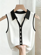 Women'S Summer New Color-Block Lapel Sleeveless Vest, Color-Blocked V-Neck Pearl Button Fitted Inner Top - White