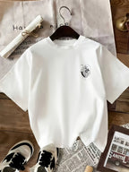 Women's Retro Minimalist Short-Sleeve T-Shirt - Front & Back Heart-Brain Sketch Print & English Lettering, Round Neck -Line Suitable for Casual Casual Attire, /Korean Style Summer Top - White