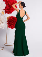 2025 Solid Color High Waist Pleated Ruffle Trim Slit Backless Prom Party Evening Gown Dress - Dark Green