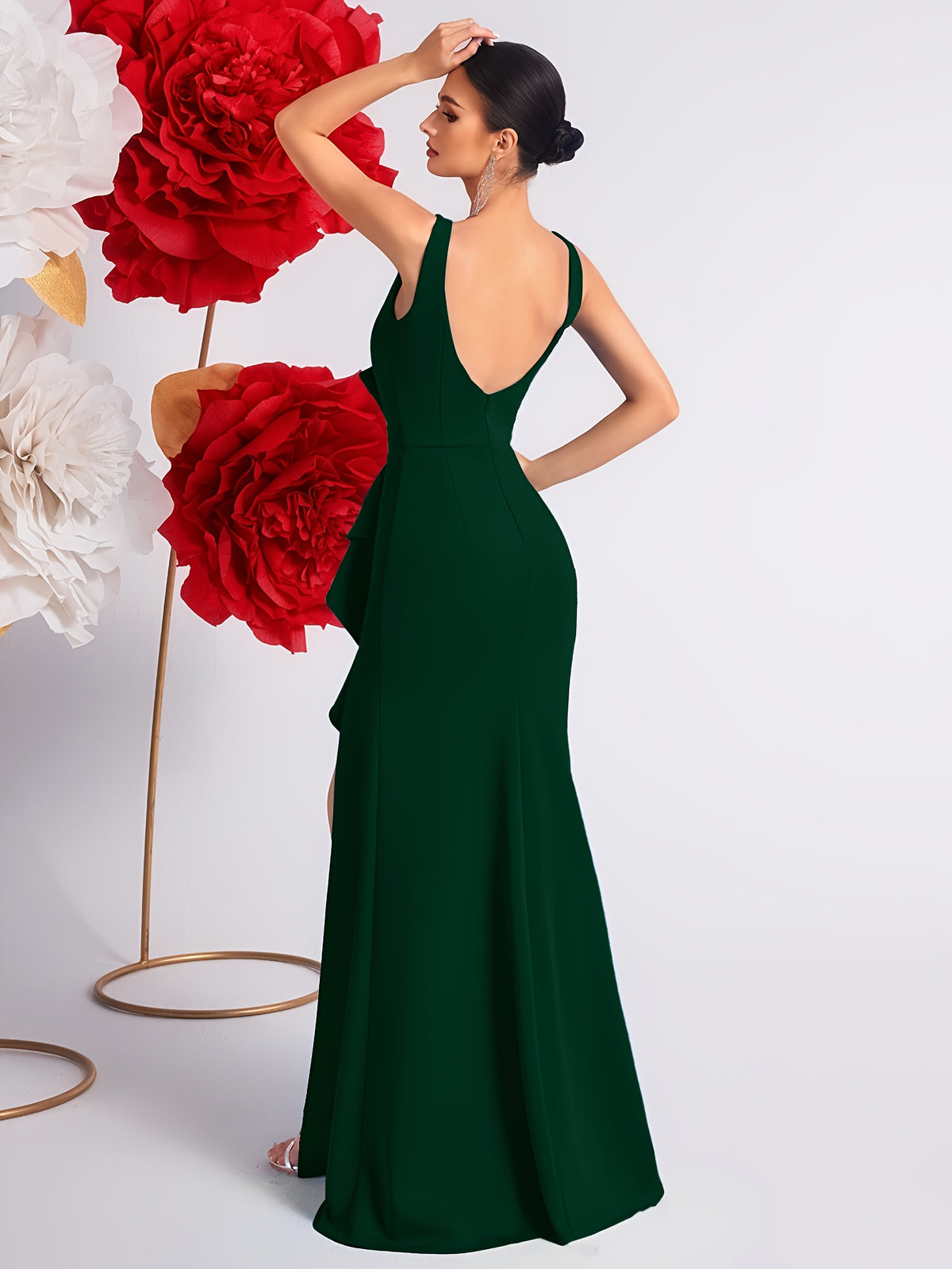 2025 Solid Color High Waist Pleated Ruffle Trim Slit Backless Prom Party Evening Gown Dress - Dark Green