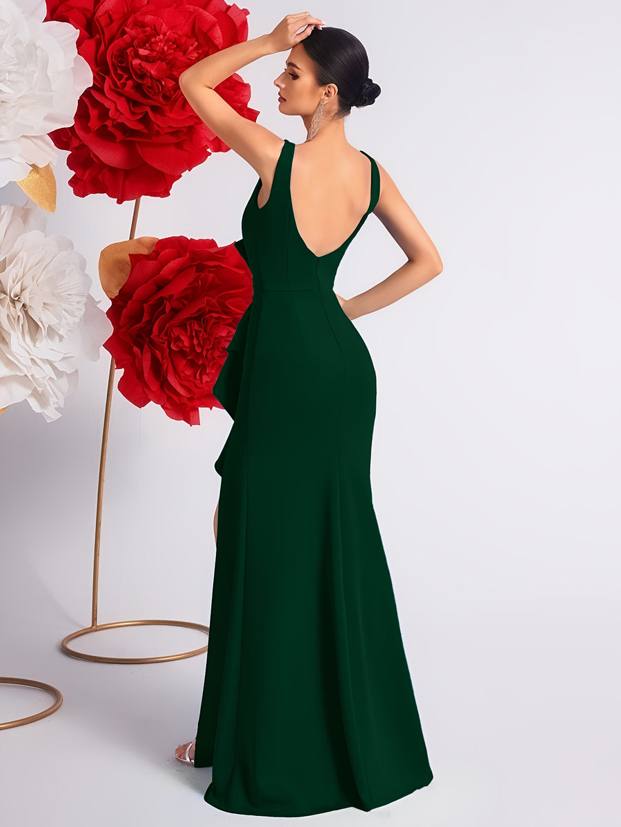 2025 Solid Color High Waist Pleated Ruffle Trim Slit Backless Prom Party Evening Gown Dress - Dark Green
