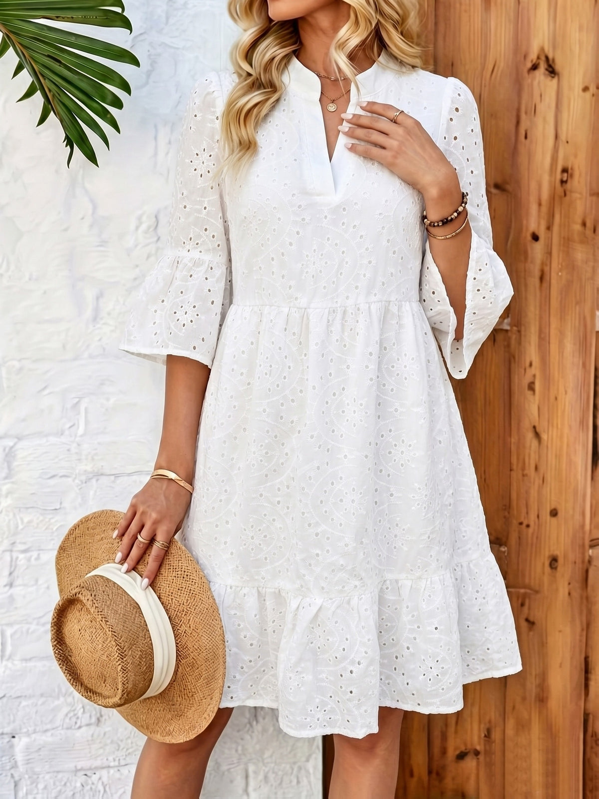 Women's White Hollow Embroidered Notch Collar Multi-Layer Split A-Hem Dress for Spring - Milky