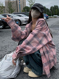 Women'S Pink and Gray Plaid Collar Loose Casual Shirt - Pink