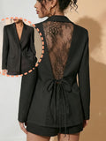 Western Style Blazer with Lace Patchwork, Elegant Temperament Tie-Up Design - Black