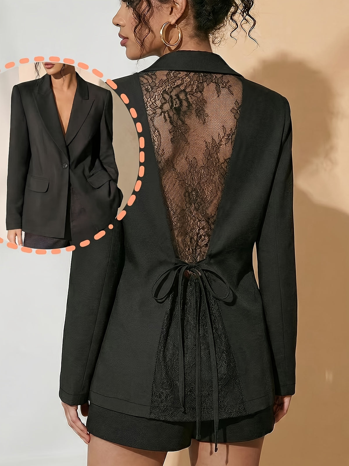 Western Style Blazer with Lace Patchwork, Elegant Temperament Tie-Up Design - Black